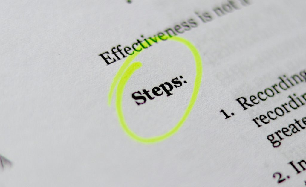 A review document with the word "steps" highlighted.