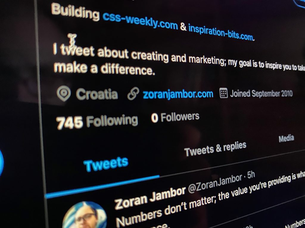 Zoran Jambor's Twitter profile page with zero followers.