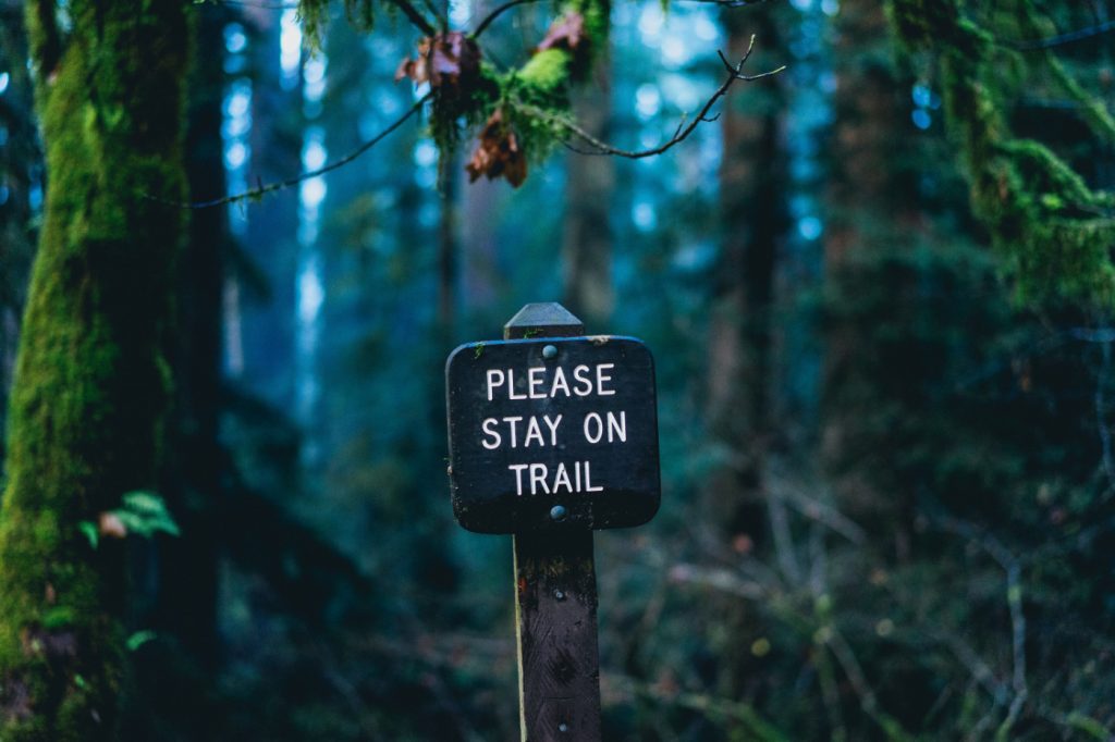 A sign in the forest that says "please stay on trail."