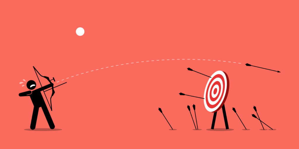 An illustration of a person shooting a bunch of arrows at the target and missing miserably.