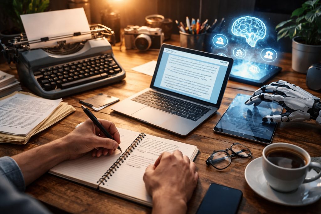 A person at a busy desk is writing in a notebook, with a robot arm tapping on a tablet from the side.
