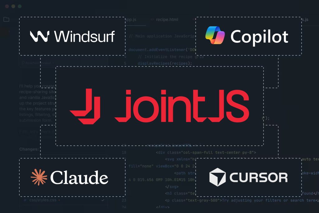 JointJS logo connected to the coding agents' logos of Windsurf, Claude, Copilot, and Cursor.