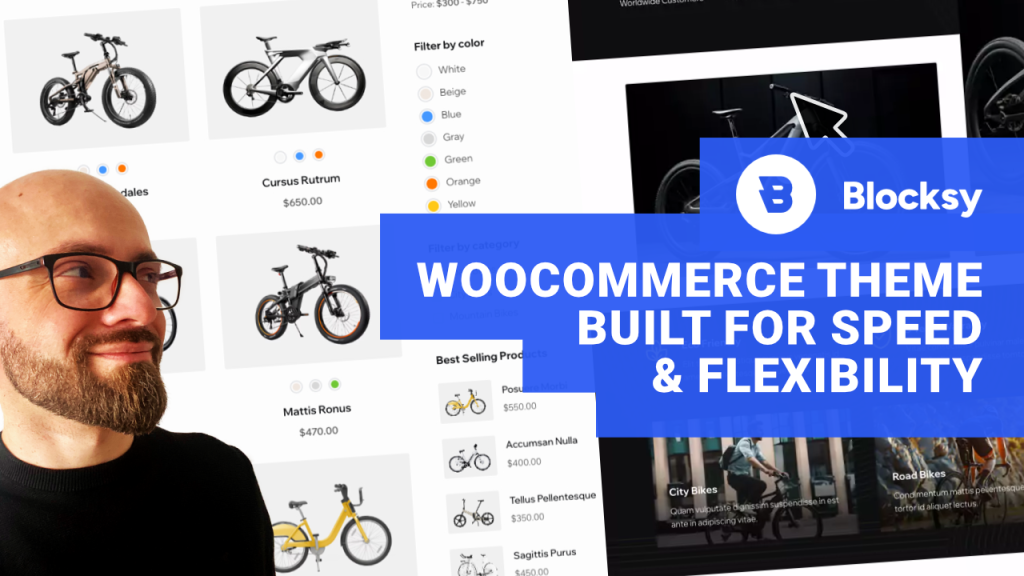Screenshot of Blocksy theme with text "Blocksy WooCommerce theme built for speed & flexibility."
